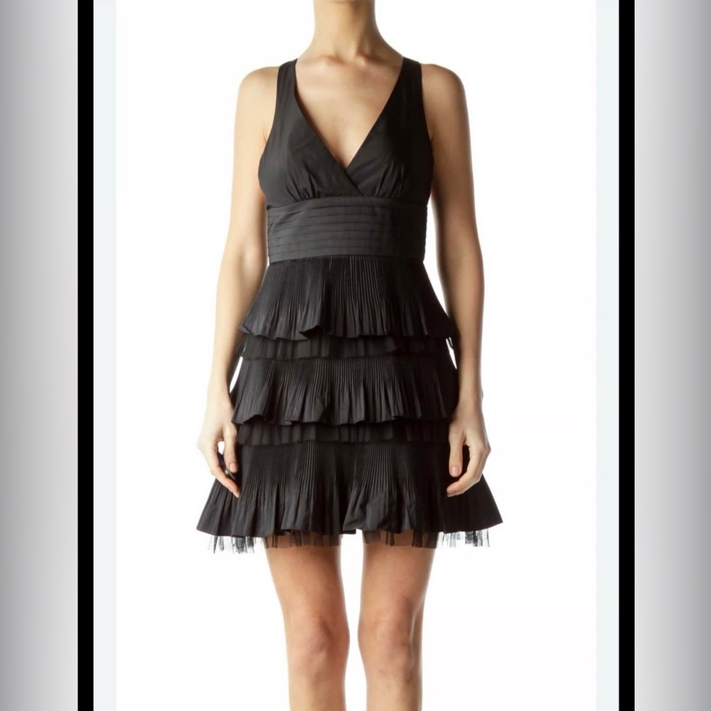BCBGMAXAZRIA Black Tiered Tulle Pleated Ruffle Mini Dress Cocktail Party Sz 4